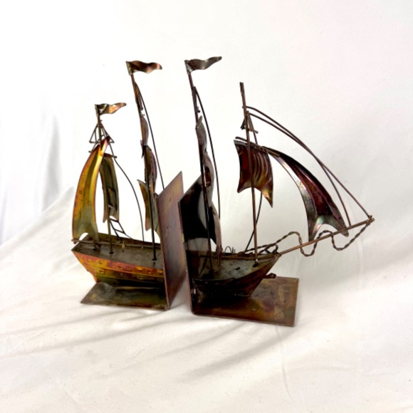 Vintage Sailing Ship Book Ends Copper Tin Metal Nautical Clipper Schooner Pirate - Picture 10 of 13